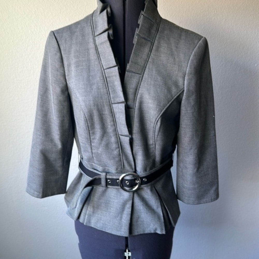 White House Black Market jacket herringbone blazer ruffled collar belt size 8
